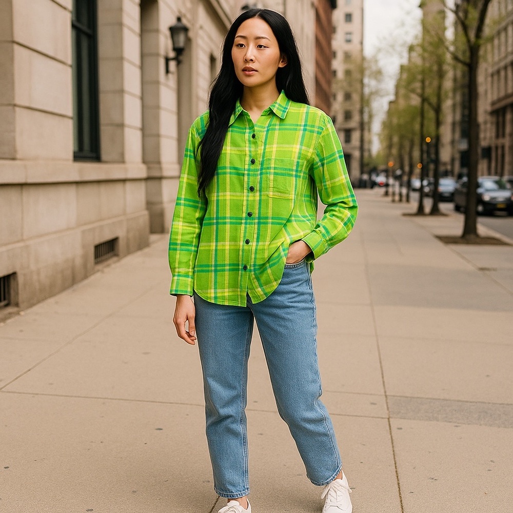 Real Comfort 100% Linen Long Sleeve Green Blue Yellow Plaid Button Down Shirt‎